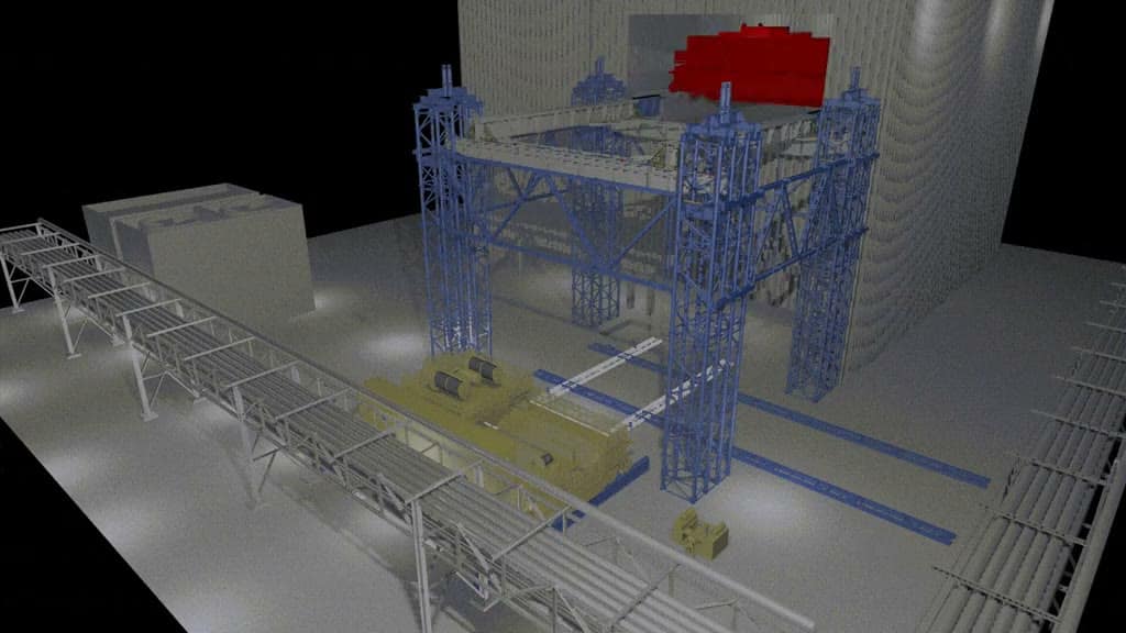 Overhead crane erection sequence: positioning and alignment of the girder on the runway rails of the building