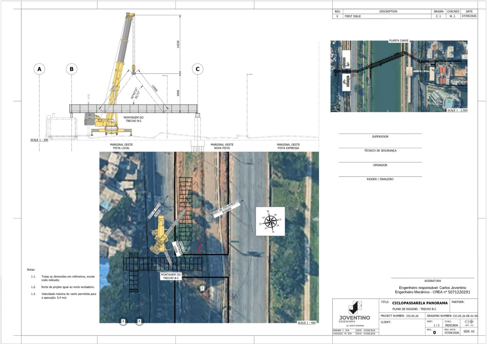 Página 1 do plano de rigging: elevação do guindaste com ângulo e raio de içamento, planta de localização e carimbo do projeto